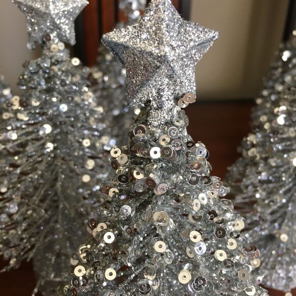 6 Silver Glitter Tabletop Decor Star Topped Bottle Brush Christmas Trees - Picture 9 of 16